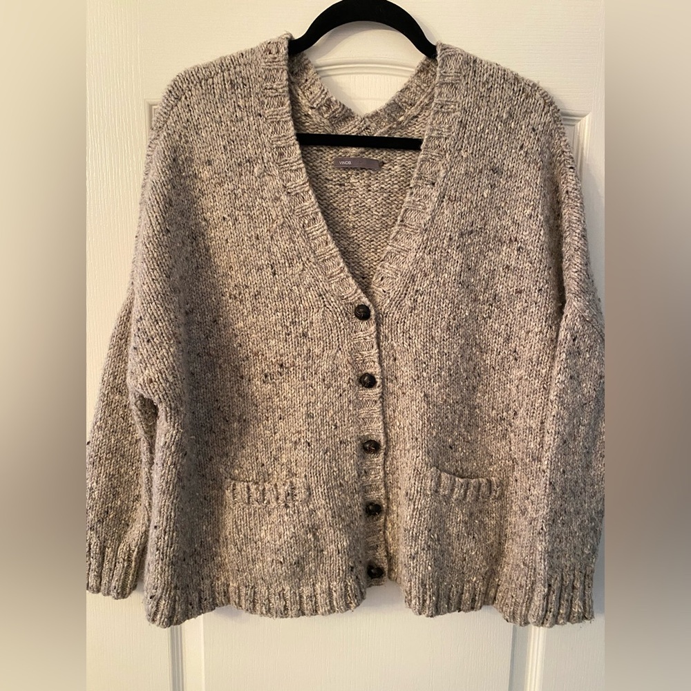 Vince Cream Chunky Knit Cardigan with leather buttons and front pockets.